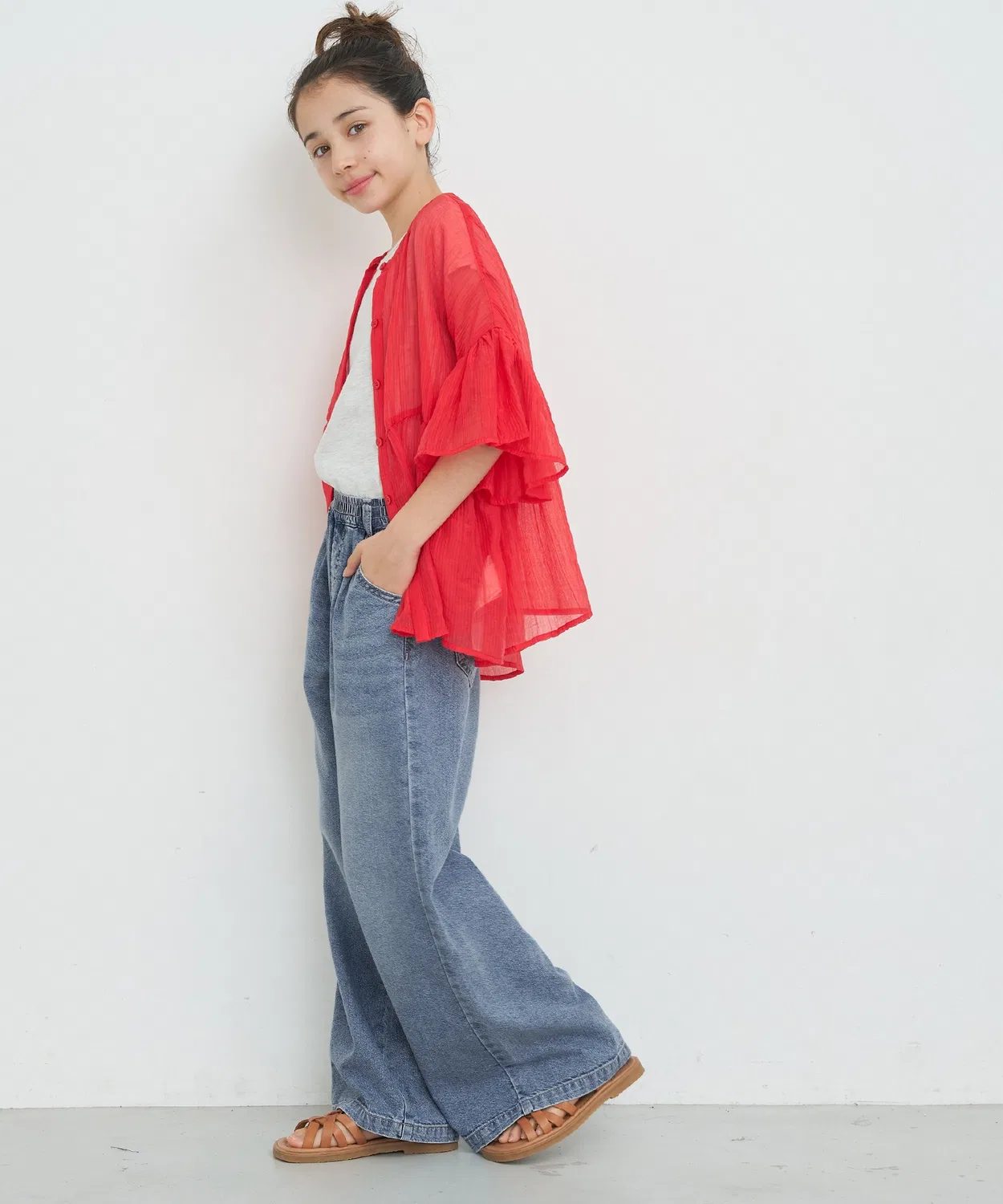 Coca（coca） Детские джинсовые широкие брюки с принтом в клетку, модель Check Shirring Blouse, coca, Ivory — фото 4
