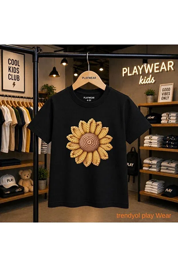 Детская футболка с принтом Knitted Moon Flower, Playwear, Black