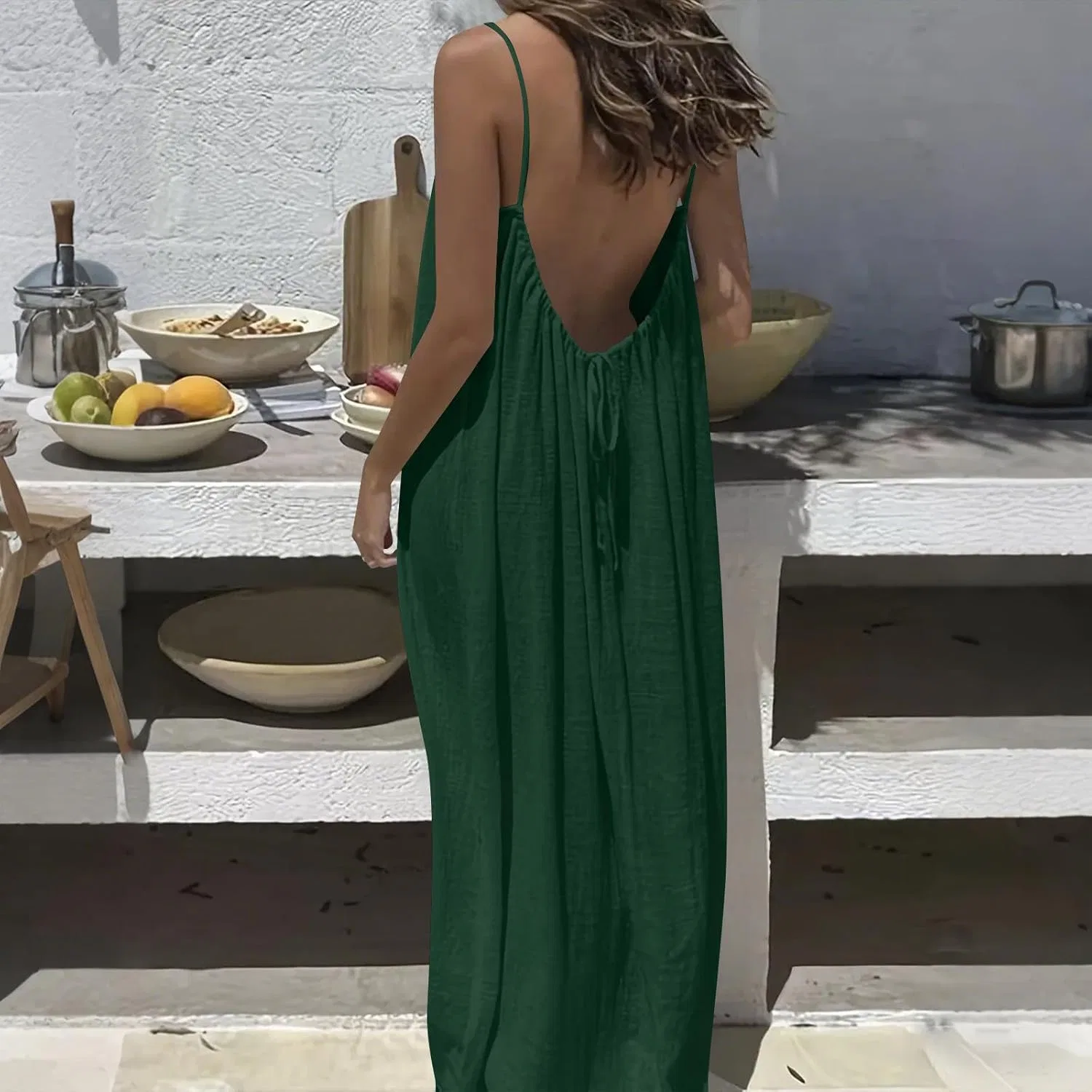 Женское пляжное платье на тонких бретелях с открытой спиной, Army Green — фото 2