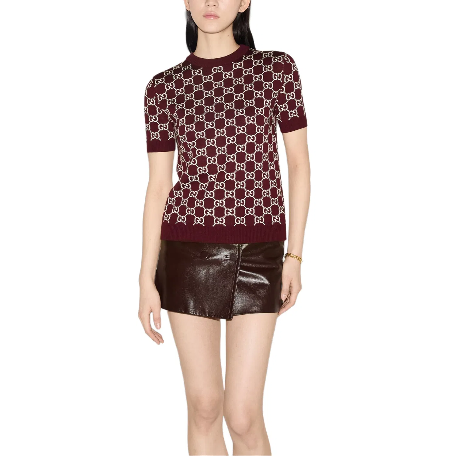 Женский свитер из шерстяного жаккарда с принтом GG Reversible GUCCI, Burgundy — фото 4