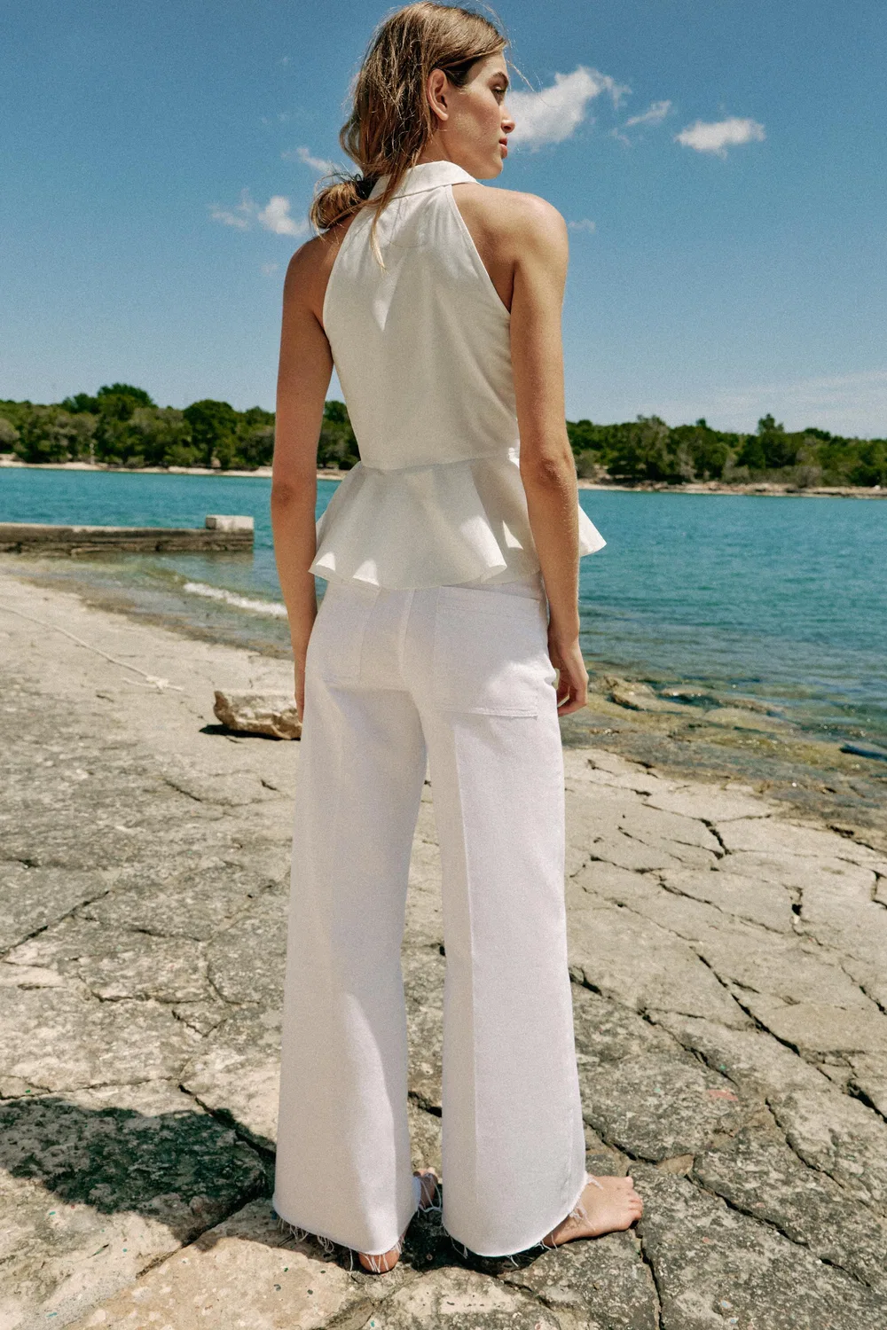 Рубашка с воротником-стойкой и баской ZARA, White — фото 4