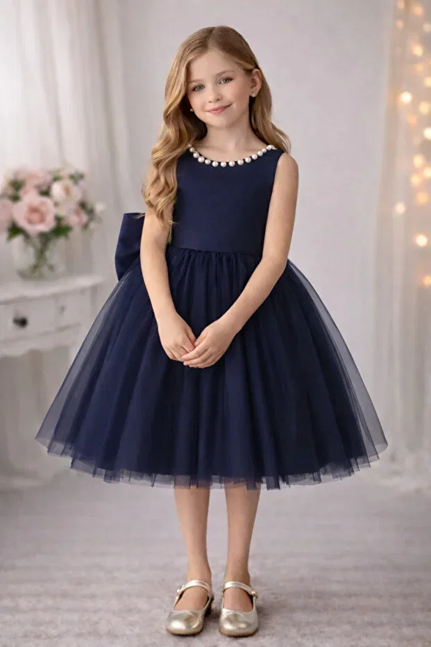 Детское платье для девочек с принтом Violet Model Collar Pearl Girls Dress Satin Top, Fluffy Dream Tulle Special Occasion Dress Suneh, Navy Blue