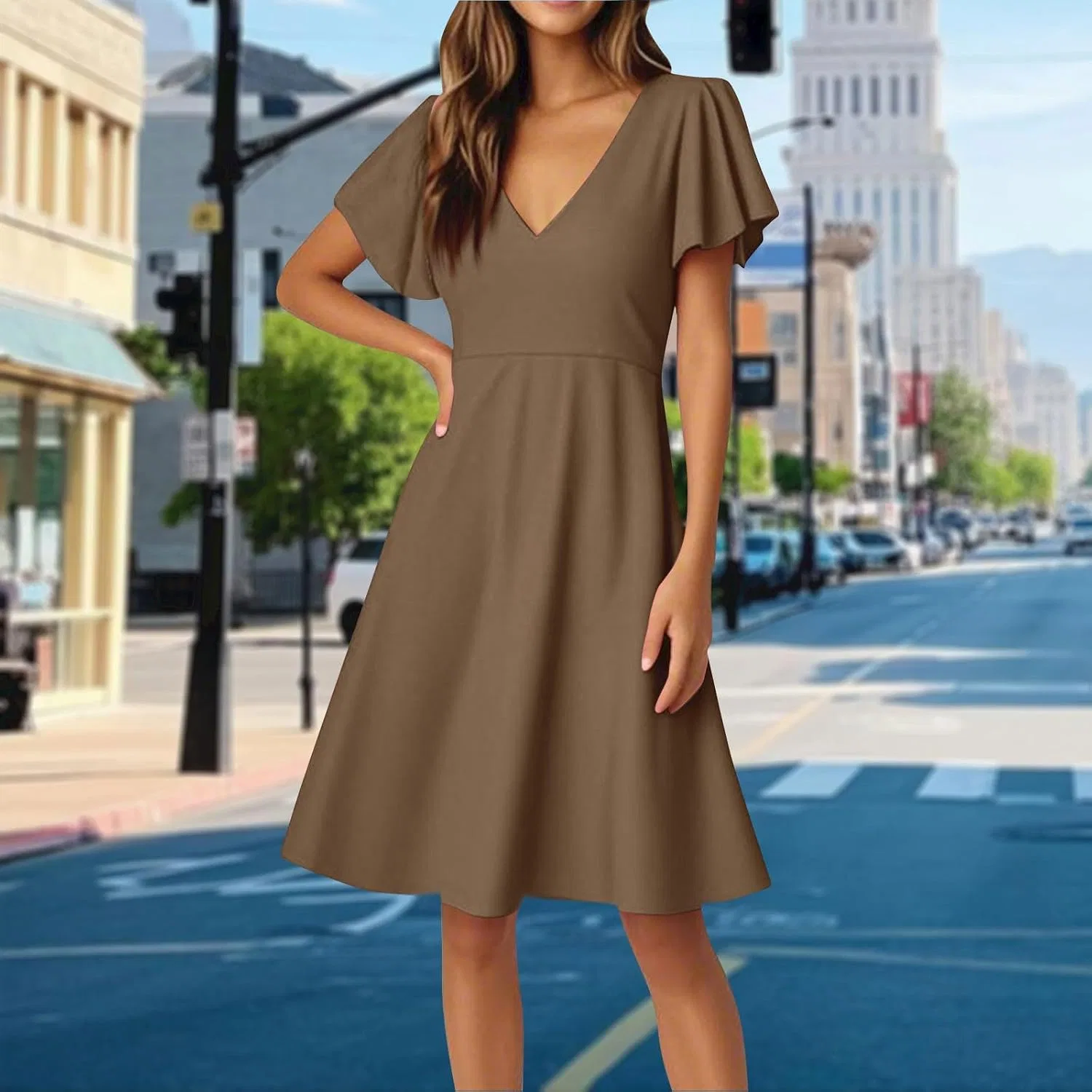 Женское летнее платье с V-образным вырезом и завышенной талией, Light Brown — фото 2