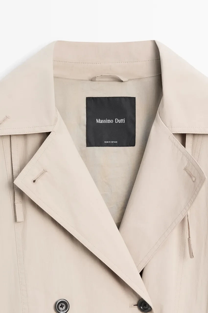 Пальто Massimo Dutti Technical Cotton-blend Trench, светло-серый — фото 2