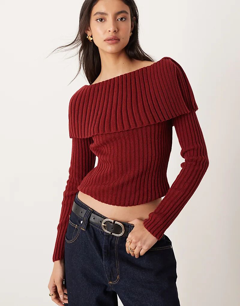 

Джемпер с лифом Bardot в рубчик ASOS DESIGN бордового цвета