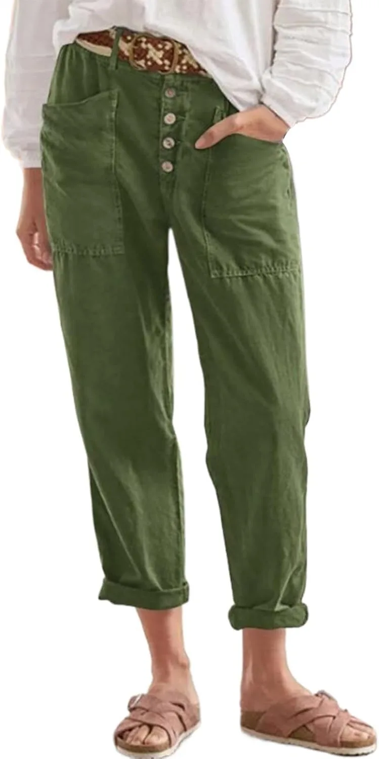 

Miyaomn 2024 Трендовые хлопковые льняные брюки для женщин на пуговицах, прямые, завышенная талия, плюс размер