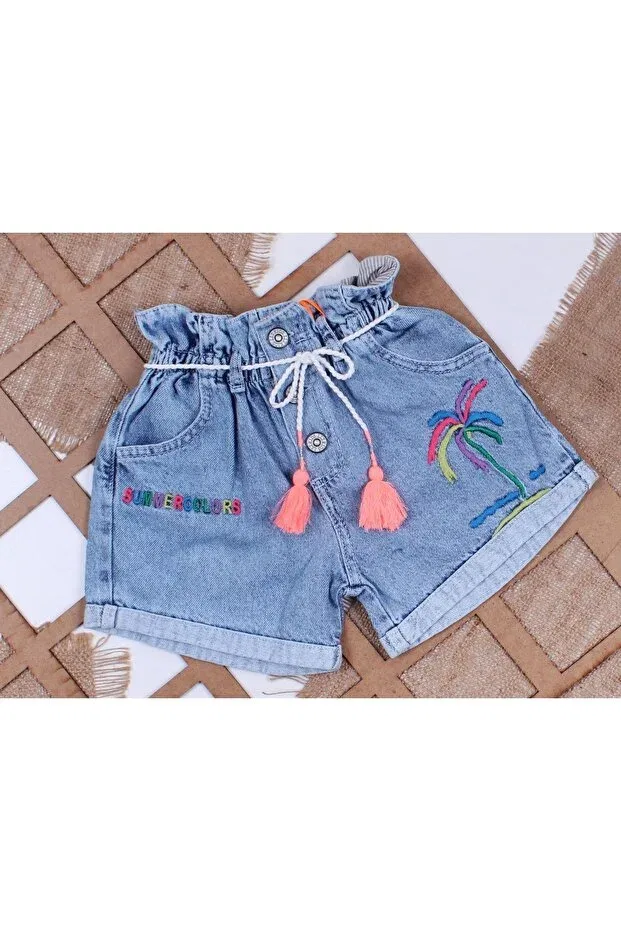 Детские шорты для девочек джинсовые с вышивкой Palm tree embroidered elastic waist Runkli Adams, Blue — фото 4