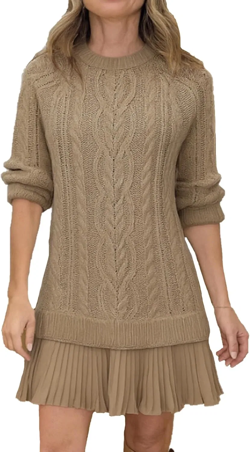 Женское кабельное вязаное платье-свитер A-line Casual, Light Brown