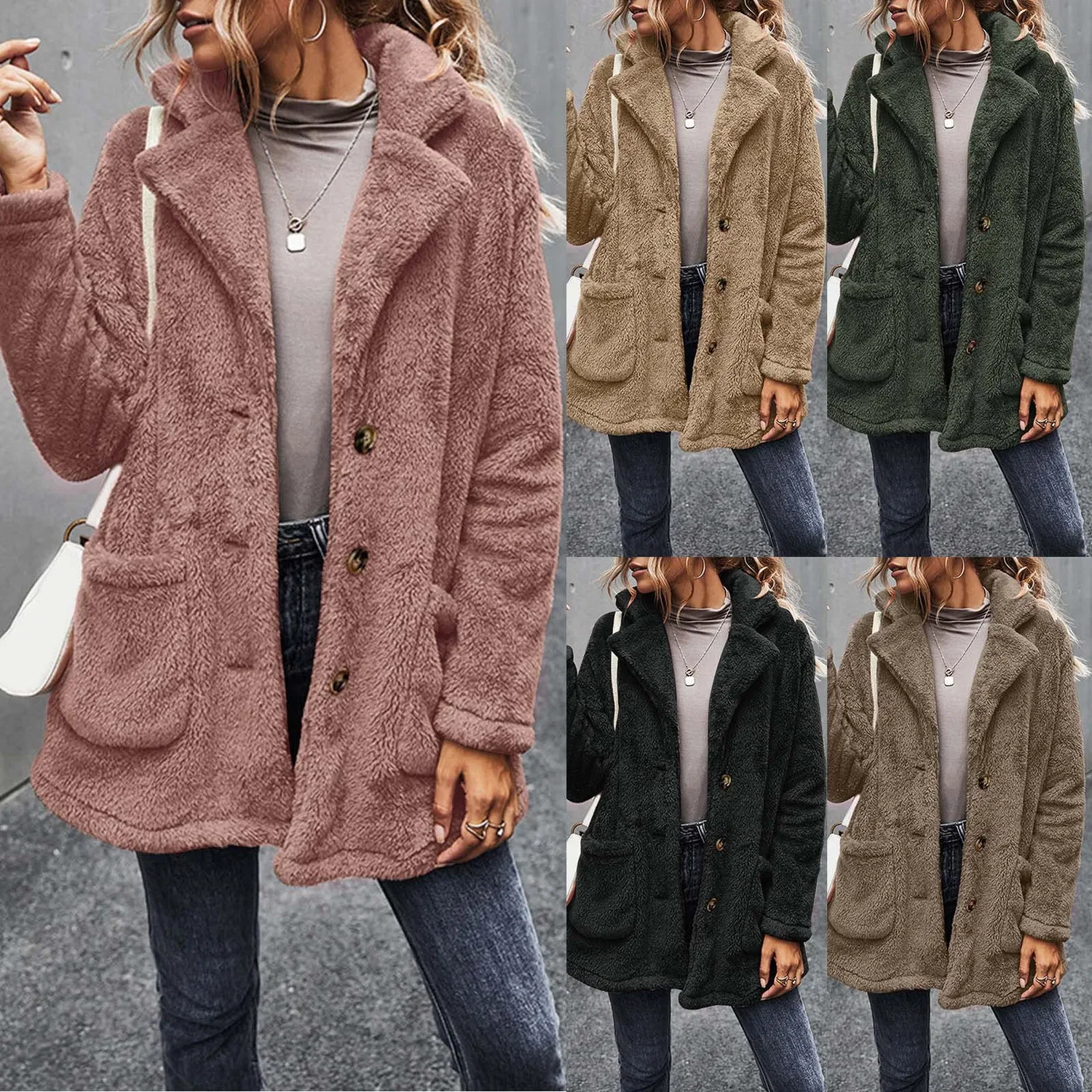 Женское пальто с воротником-шалью и меховой подкладкой, модель Sherpa Fleece Lined Lapel Collar Faux Fur Winter Warm Long Sleeve Fluffy Teddy Coat Cardigan Overcoat Top with Pockets, Verde — фото 4
