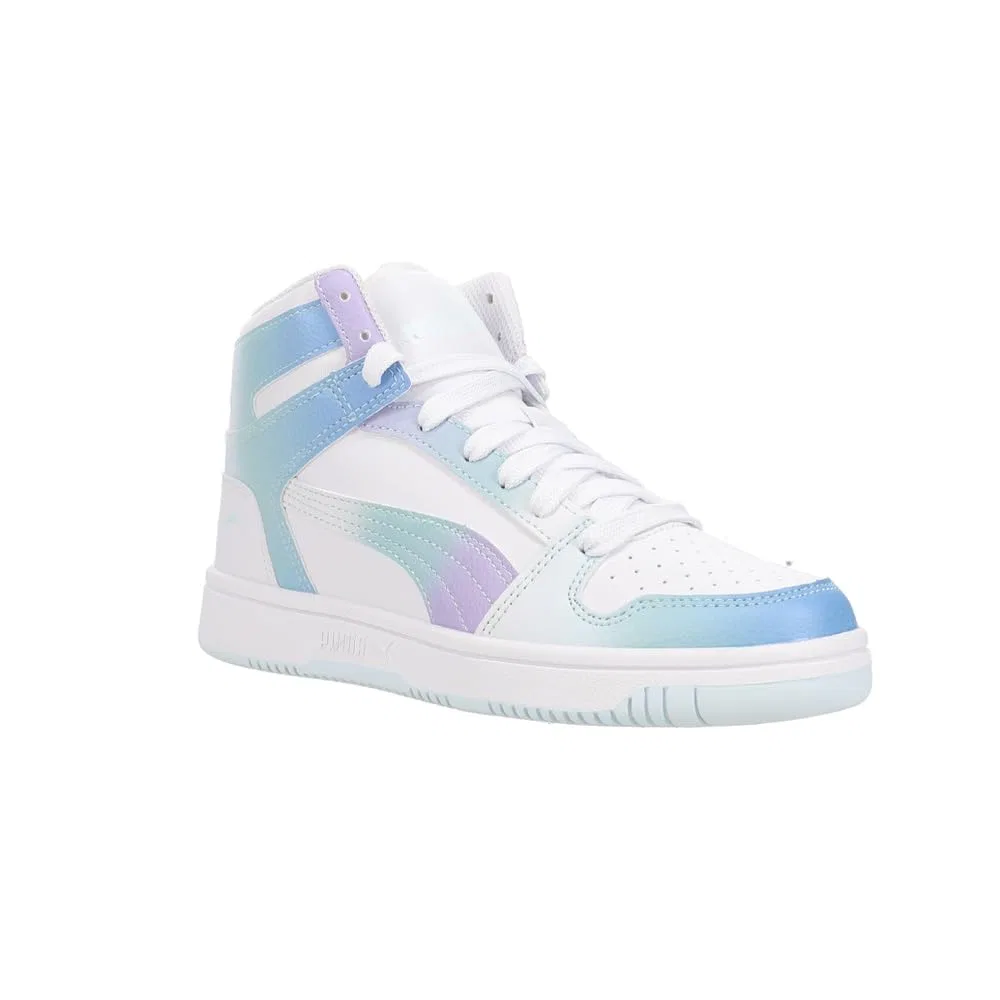 Детские кроссовки для мальчиков с закрытой пяткой Rebound Layup SL V PS PUMA PUMA Bright White Purple Turquoise Surf — фото 2