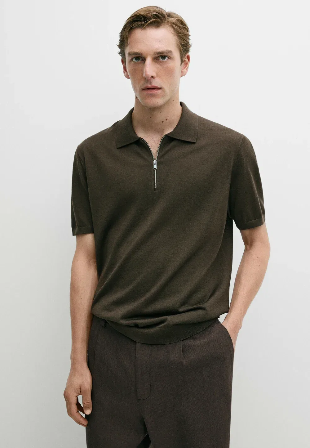 Рубашка-Поло из шерстяной смеси с застежкой-молнией - рубашка-поло Massimo Dutti, Khaki