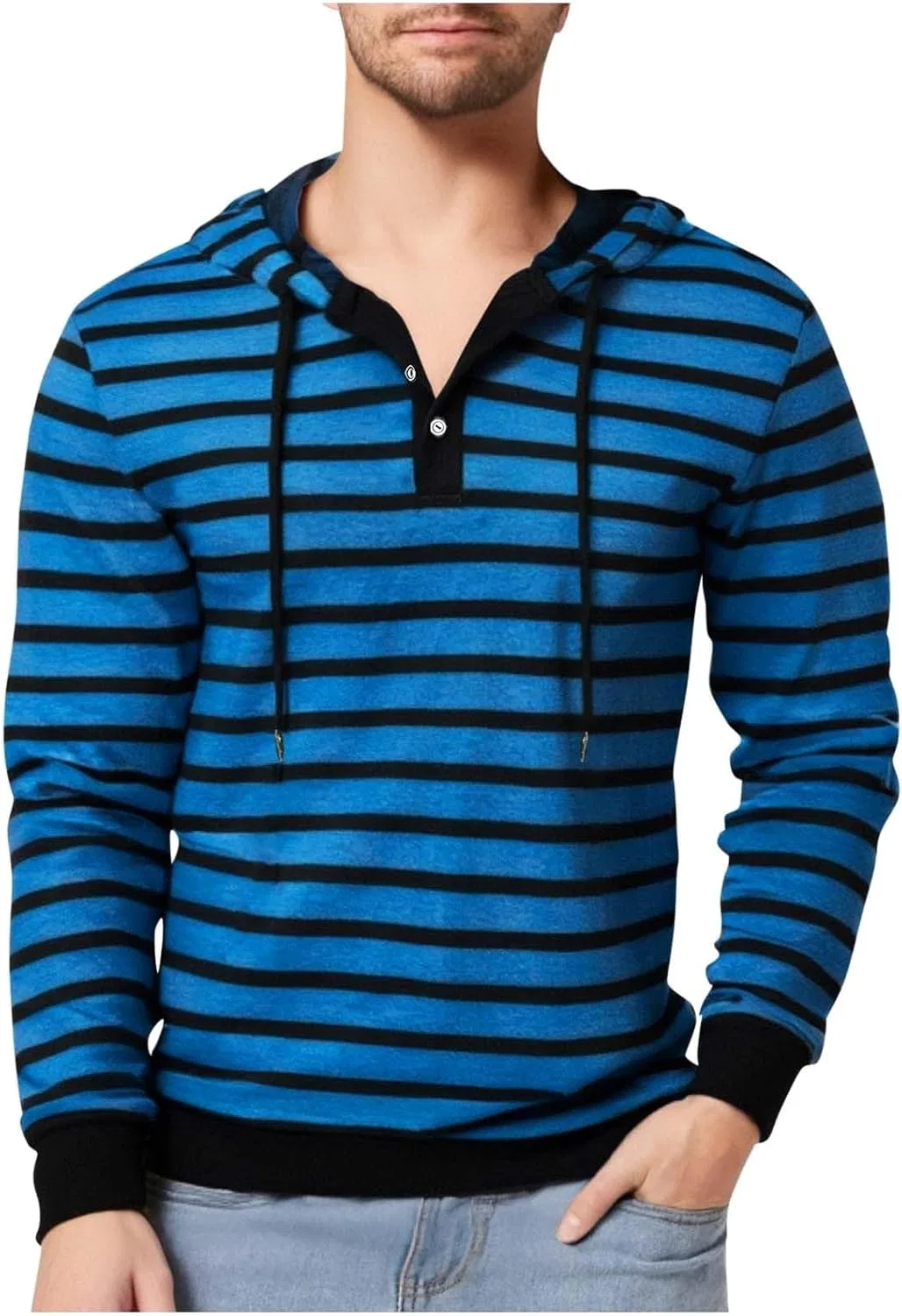 Мужская футболка с капюшоном и цветными блоками, Long Sleeve Shirts for Men, Blue