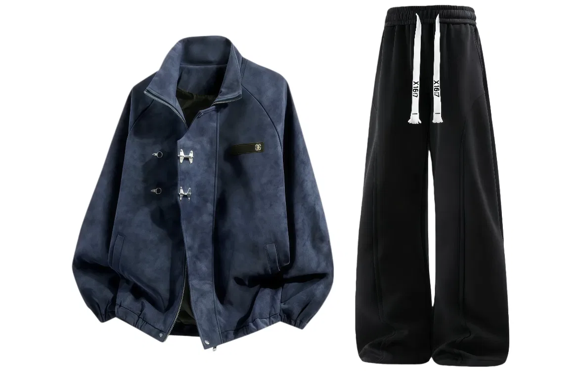 Детский комплект спортивной одежды с курткой и брюками X1617, Navy Blue Puffer Jacket+Black Fleece-Lined Pants