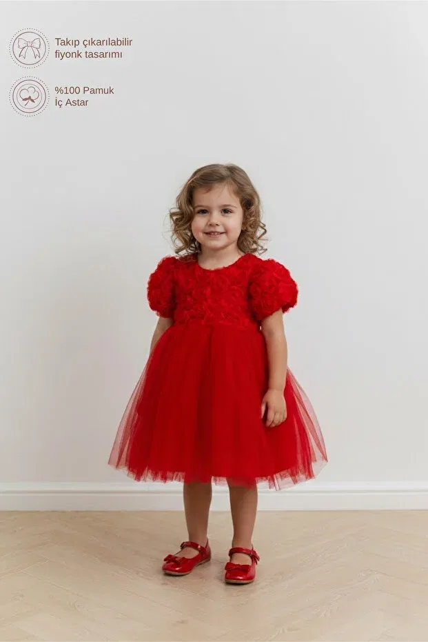 Детское платье для девочек с принтом 3D Rose Appliques Furyatex, Red