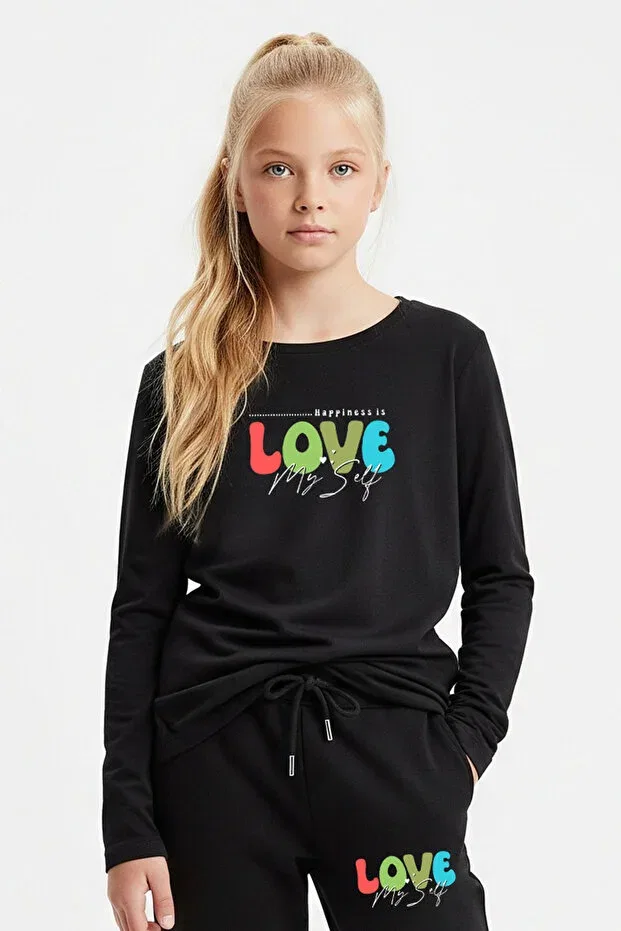 Детский спортивный комплект для девочек с принтом Round Neck Love My Self Panios Kids, Black — фото 2