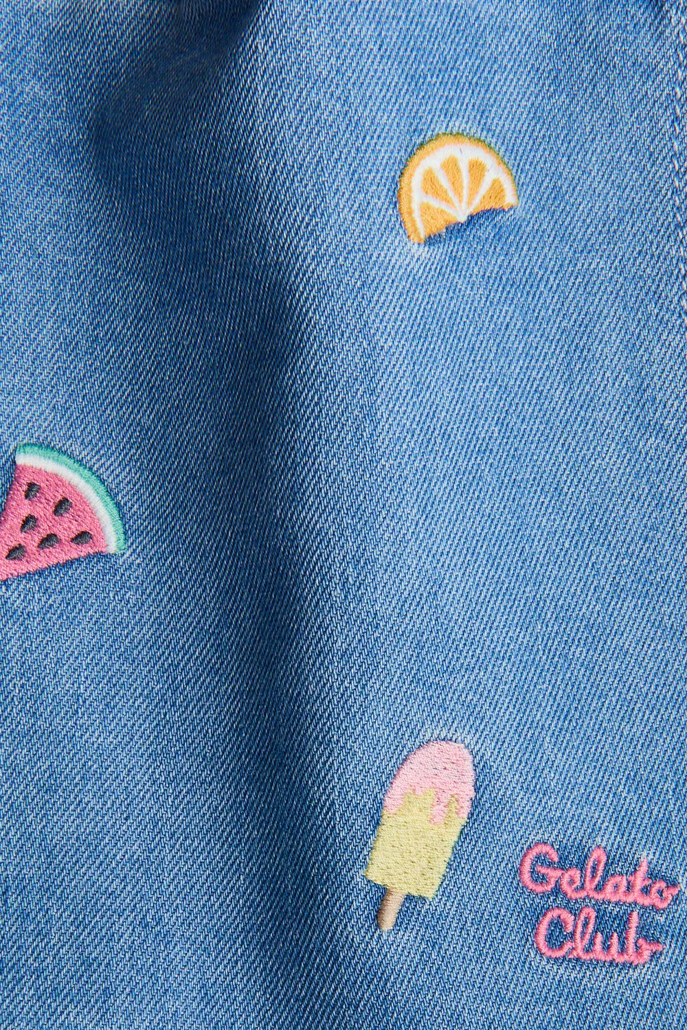 Джинсовая юбка-шорты с вышивкой H&M, Denimblau/Früchte — фото 3