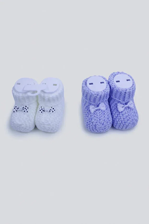 Детские пинетки для новорожденных вязаные с бантиком Caramini, Blue & White — фото 2