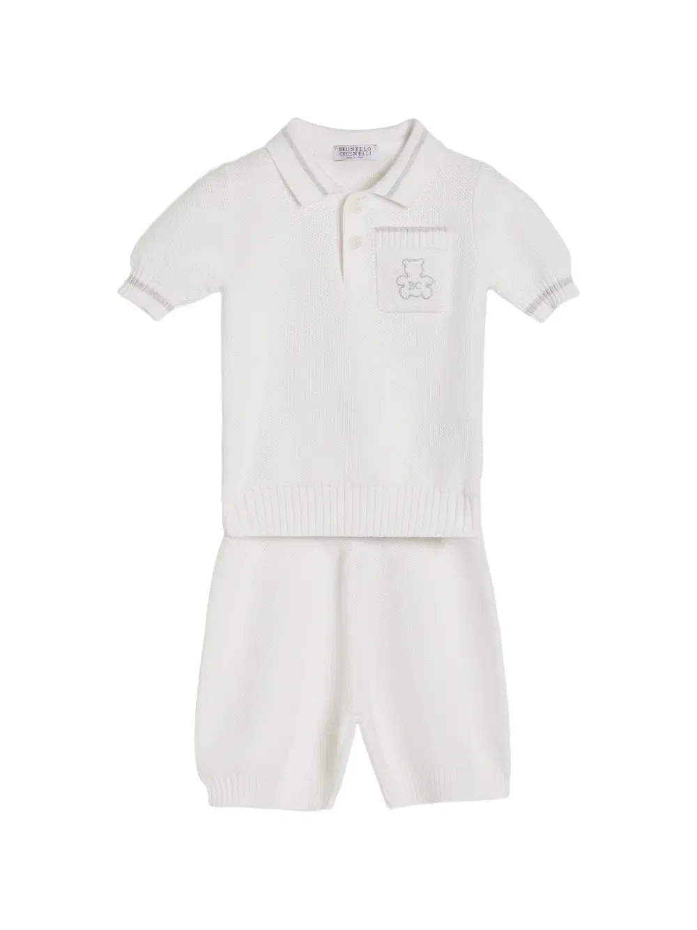 Хлопковая вязаная поло рубашка Baby Bernie с сотовым узором Brunello Cucinelli Kids, белый — фото 4