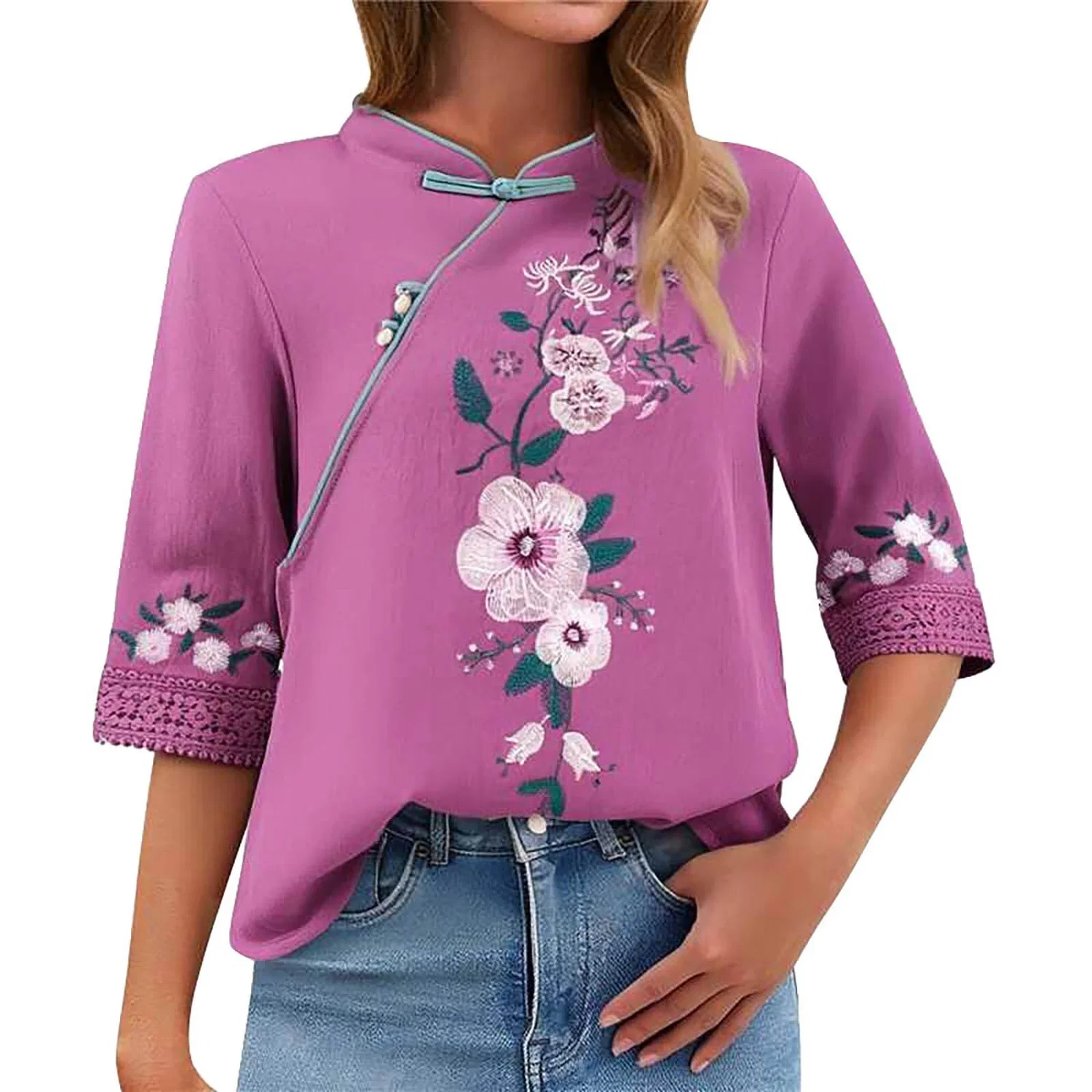 Женская блузка с длинным рукавом, китайский стиль, Purple