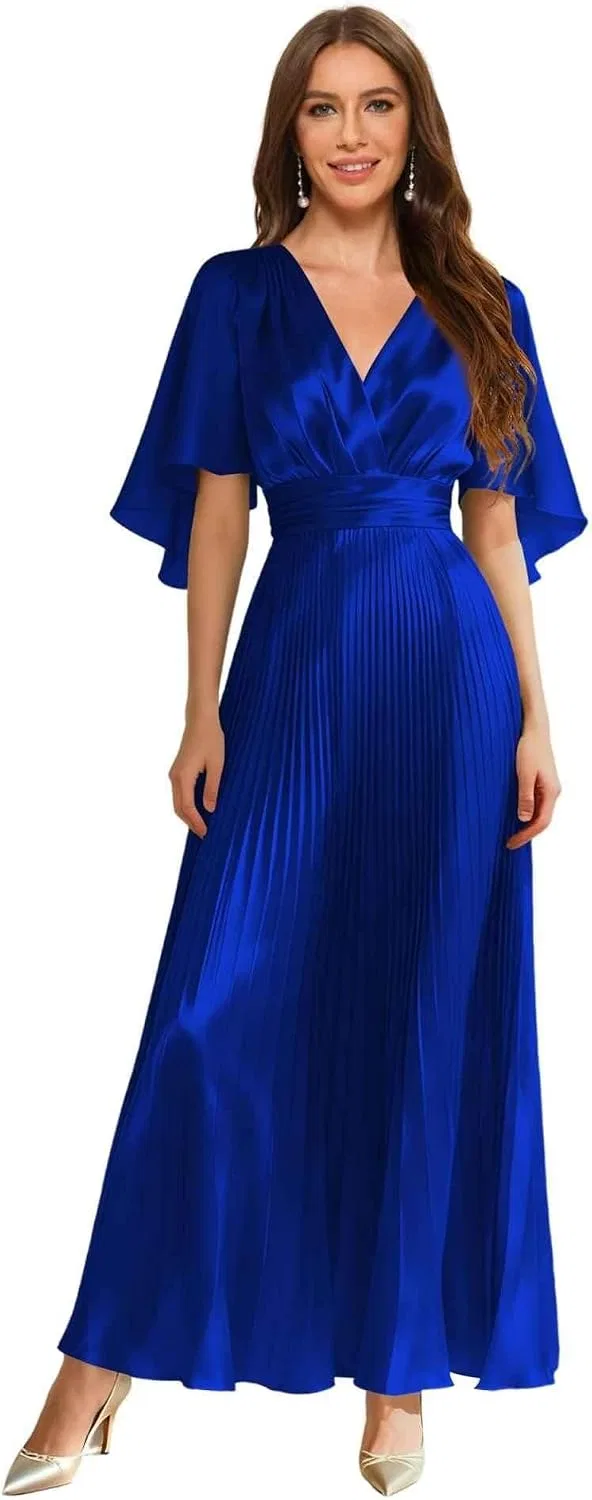 Женское длинное платье A-силуэта с V-образным вырезом из сатина, Royal Blue