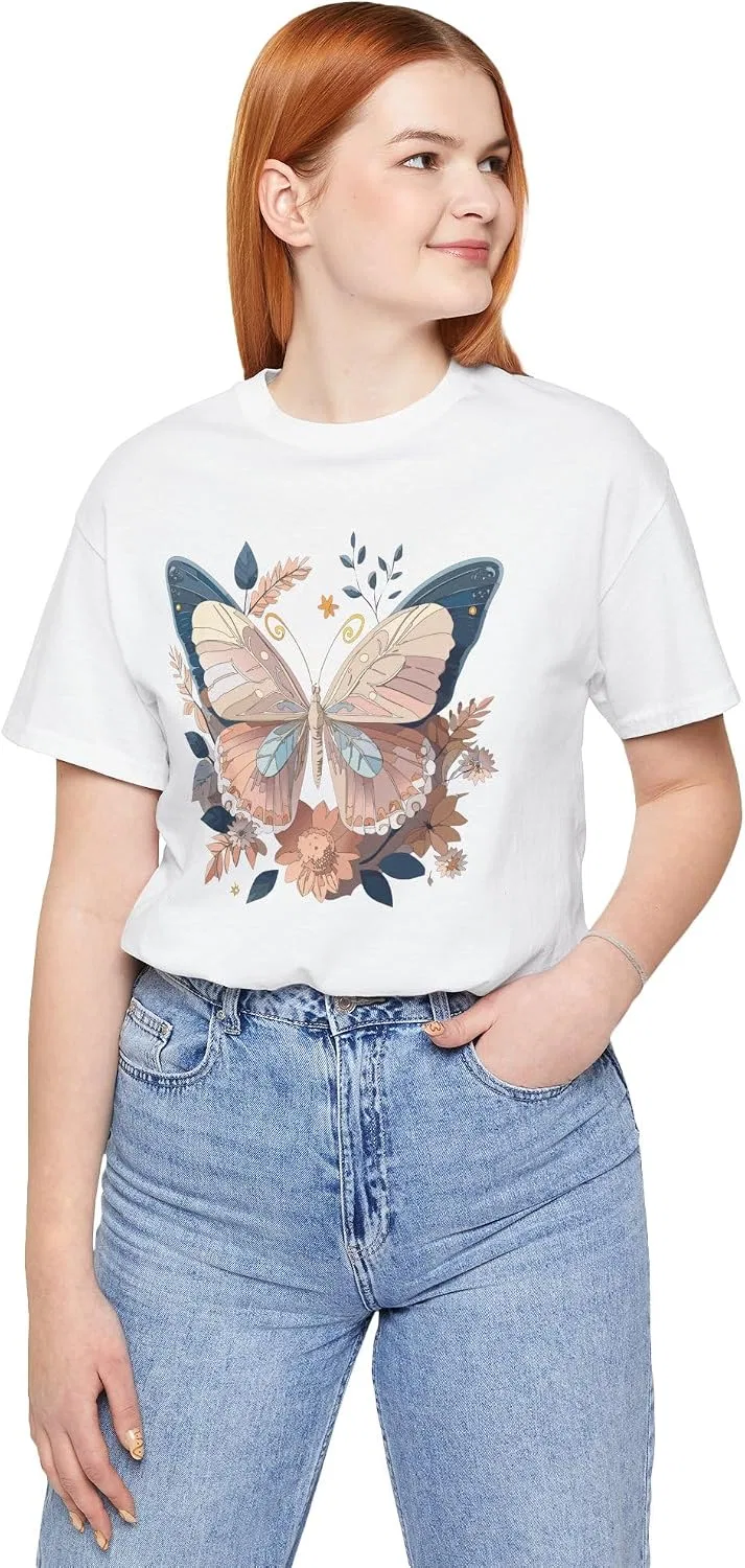 Футболка с бабочками и цветами Bella Canvas 3001, White