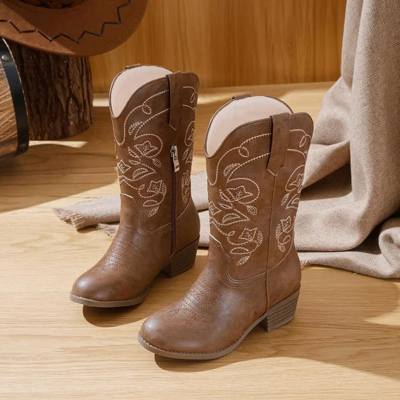 Детские сапоги для девочек с вышивкой Cowgirl Boots LAURMOSA, Brown — фото 3