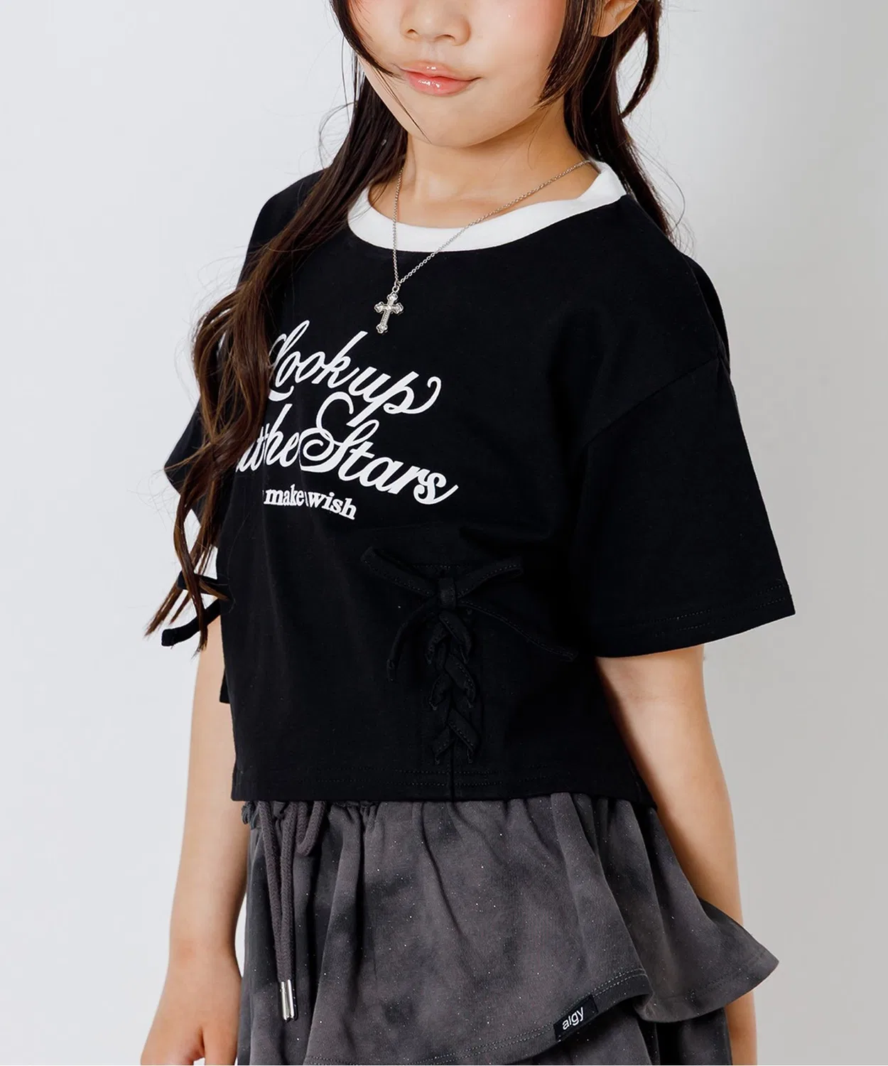 Детская футболка с кружевной шнуровкой Lace-Up Short Sleeve T-Shirt algy, Black
