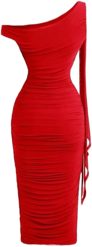 Женское облегающее миди-платье с асимметричным вырезом Ruched Bodycon, Red — фото 2