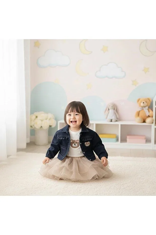 Детский комплект для новорожденных с принтом Tutu skirt, denim jacket, punch embroidered 3-piece set Sweetme, Powder — фото 3