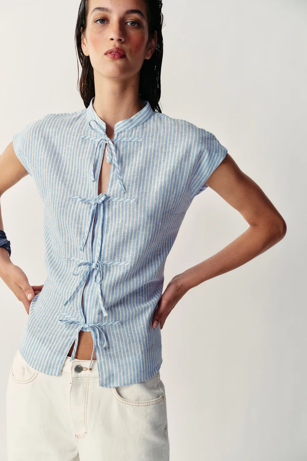 Блузка в полоску из металлизированной нити с бантиками. ZARA, Blue/White — фото 2