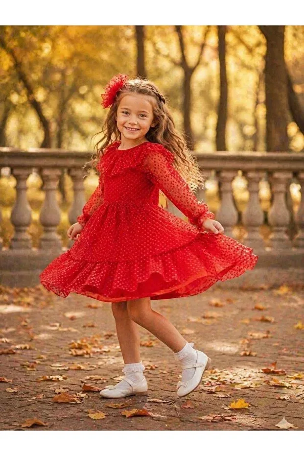 Детское платье для девочек с принтом Small Polka Dot Bag And Buckle Fluffy Tulle Lunas Tekstil, Red
