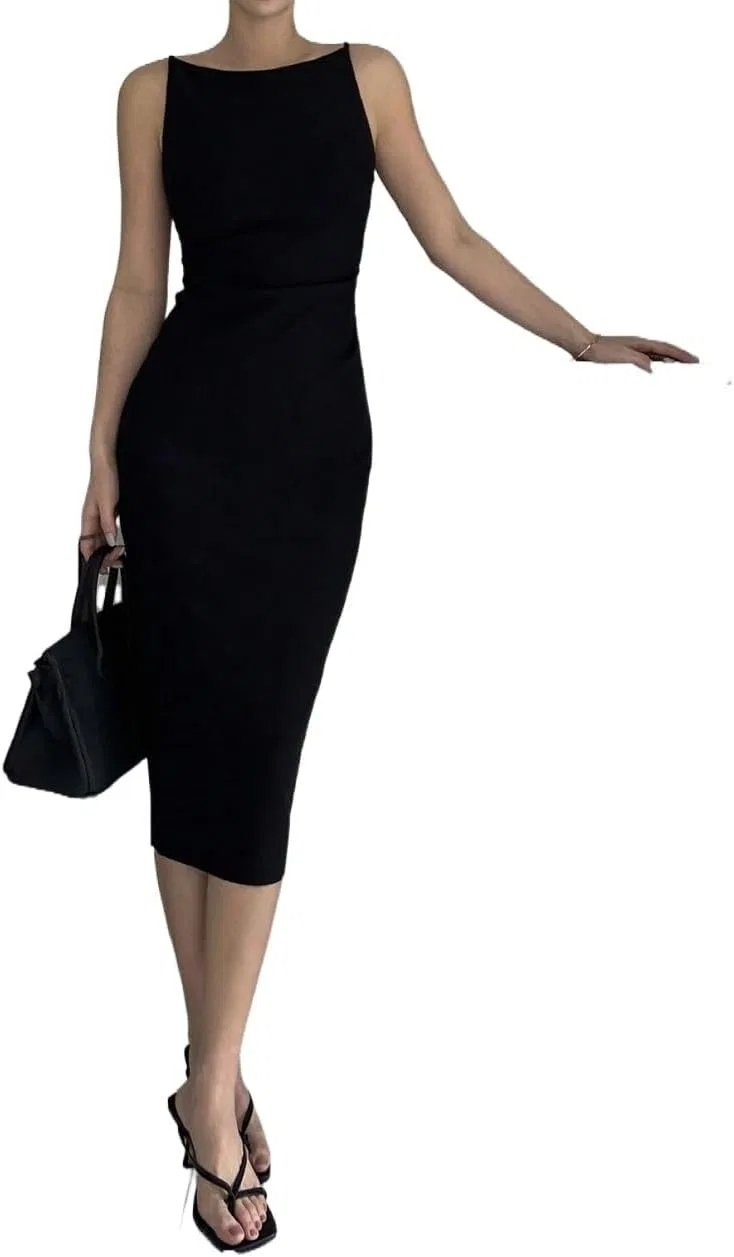 Женское элегантное платье миди с разрезом Bodycon, Black