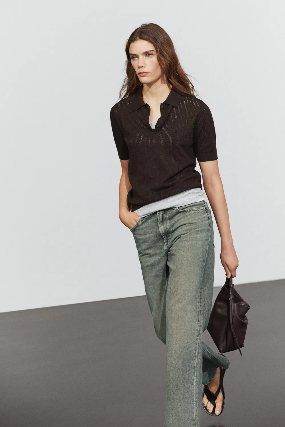 Поло Massimo Dutti Cotton Blend Open-knit Shirt, коричневый — фото 4