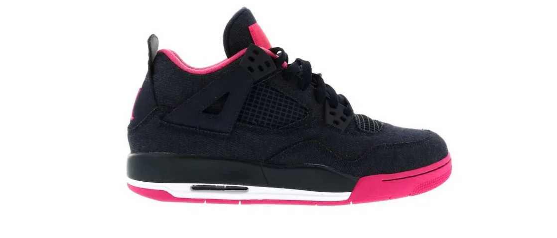 Детские кроссовки для девочек с джинсовым верхом Jordan 4 Retro, Dark Obsidian/Vivid Pink-White-Metallic Gold