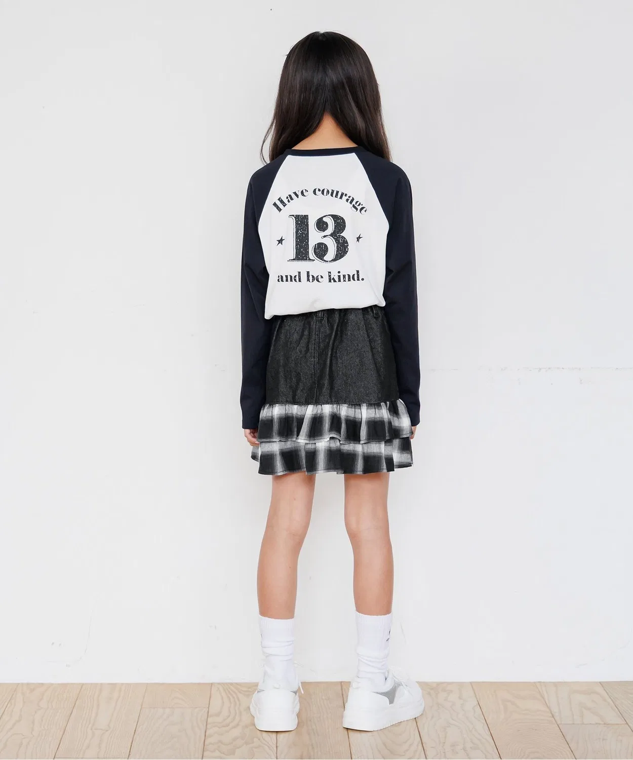 Детская юбка-шорты с воланами и клетчатым принтом, деним, модель Denim Check Frill Skapan, algy, Sax Blue — фото 3