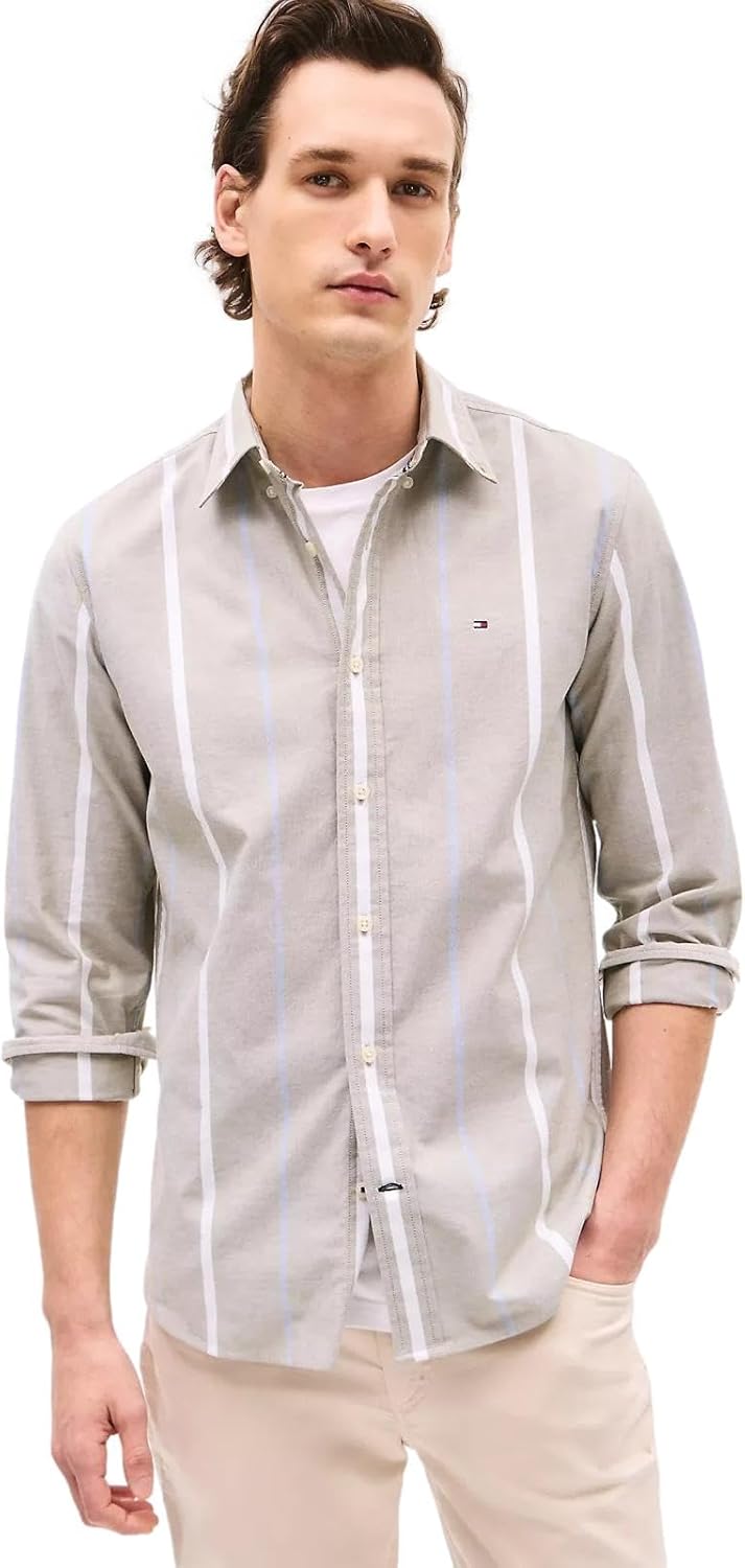 

Мужская фирменная рубашка TOMMY HILFIGER с длинным рукавом и застежкой на пуговицы, классического кроя, коллекция 2025 года, Stripe Uniform Olive 4075.301.