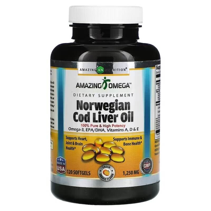 

Жир печени норвежской трески 1250 мг Amazing Nutrition со вкусом апельсина, 120 мягких таблеток