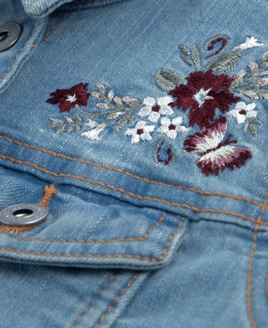 Детская джинсовая куртка с вышивкой цветов, модель Embroidered Denim Jacket abercrombie kids, Clear As Day — фото 3