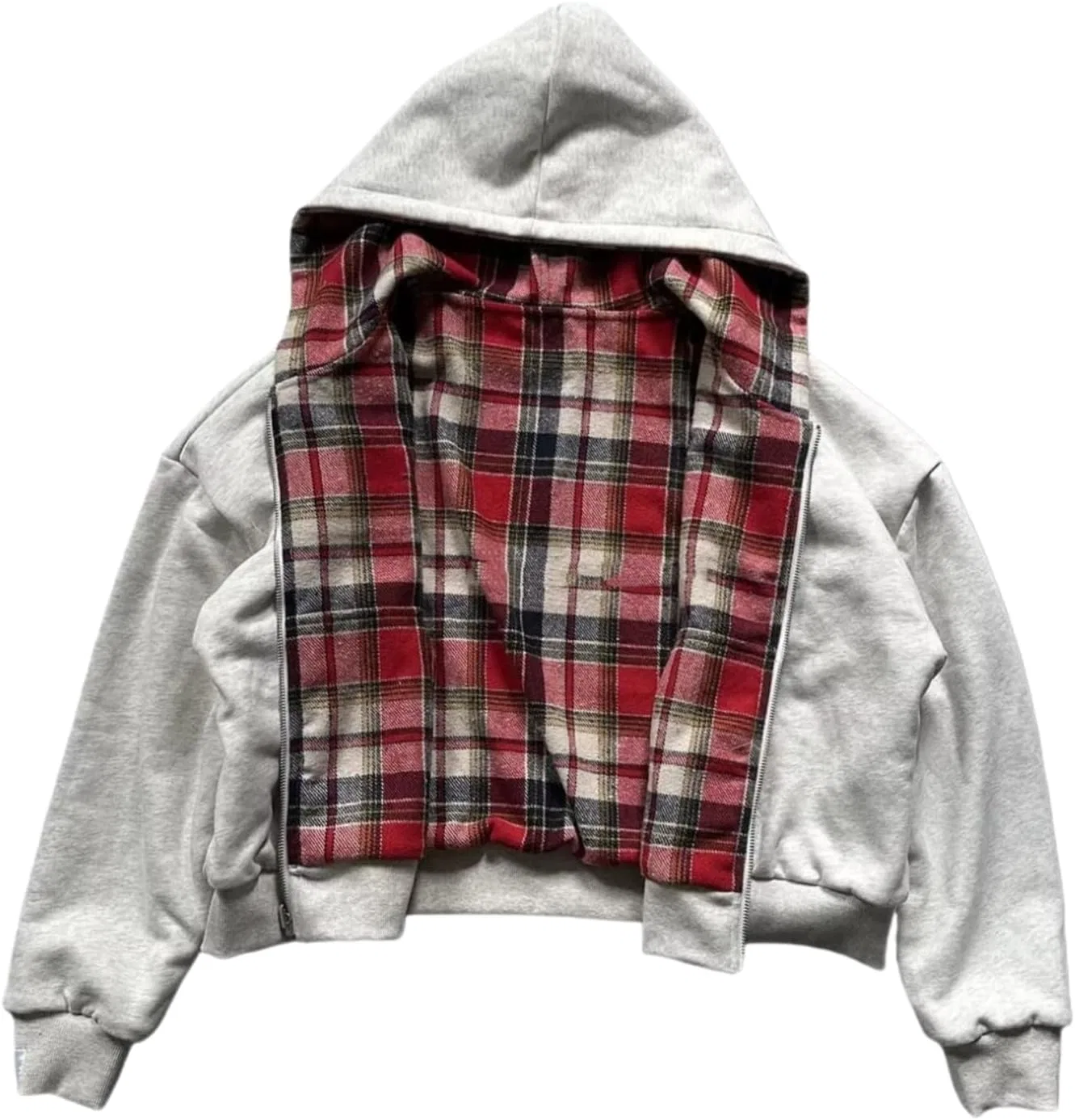 Мужское худи оверсайз реверсивное с принтом, Plaid Vintage Zipper Hooded Sweatshirt, красный