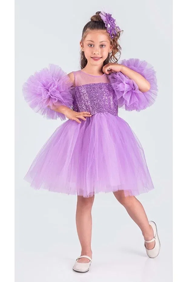 Детское платье для девочек с пайетками Tutu skirt and pompom sleeves girls' sequined special occasion evening dress S.T. Sebat Tekstil, Lila