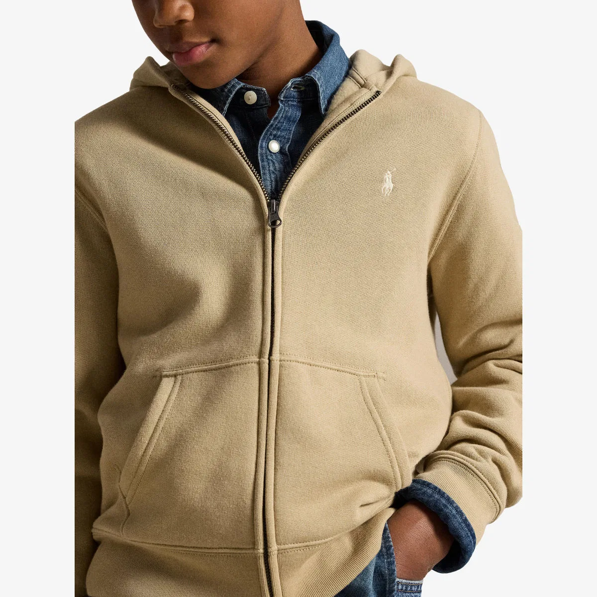 Детская толстовка из хлопковой смеси с вышитым логотипом бренда Polo Ralph Lauren, хаки — фото 2