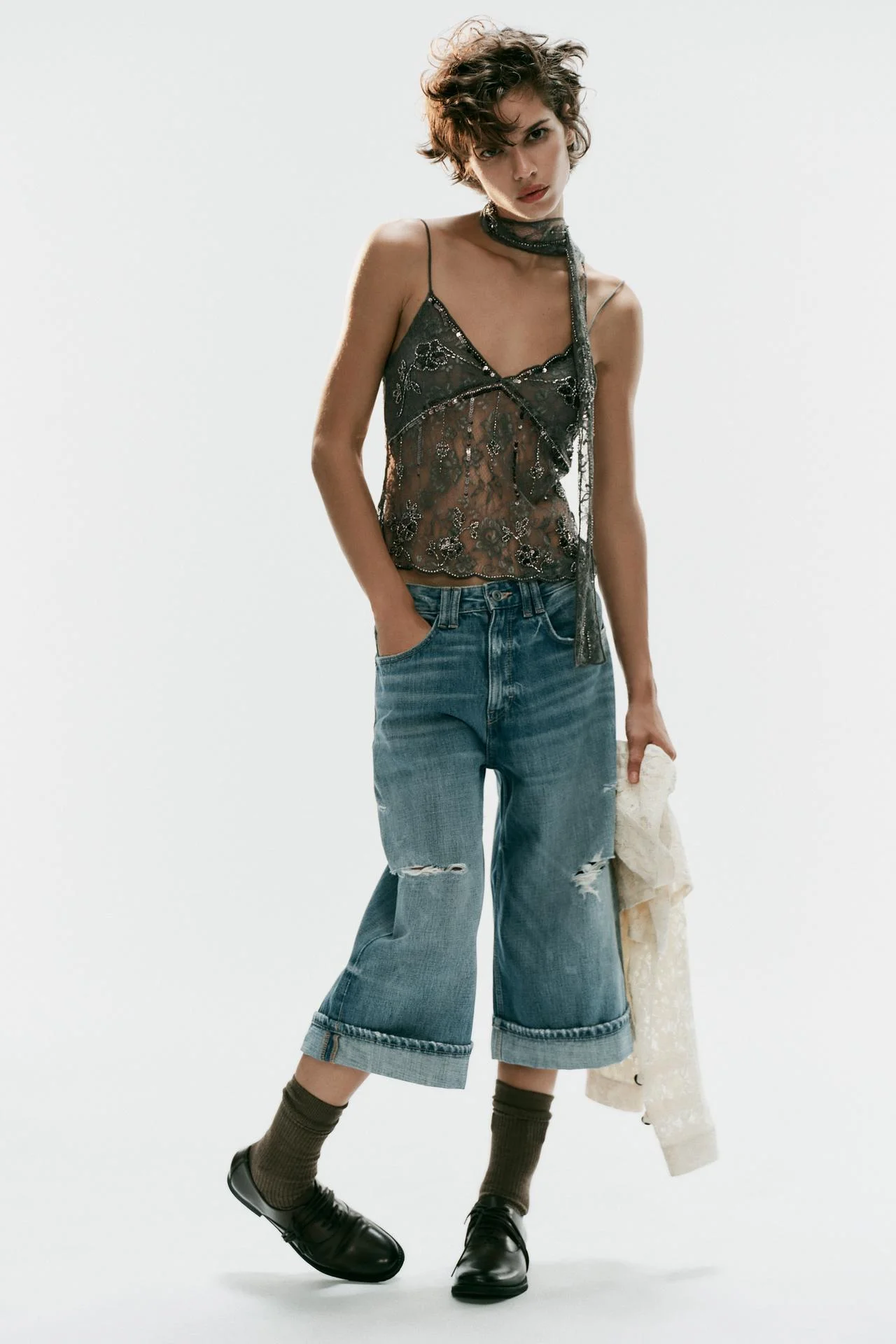 Топ Zara Encaje Bordados Con Pañuelo, серый — фото 3