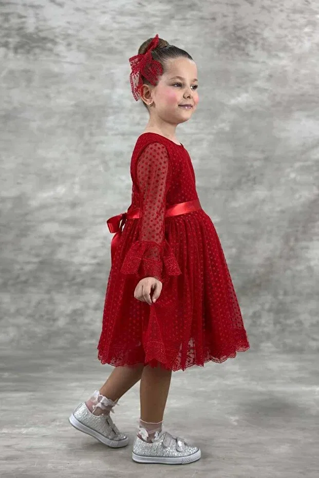 Детское платье для девочек с принтом Polka Dot Detailed Princess Riccotarz, Red — фото 2