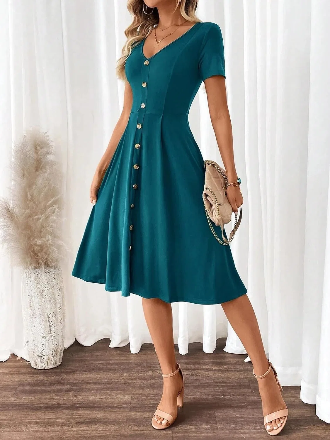 Женское платье A-силуэта с V-образным вырезом, Teal Blue — фото 3