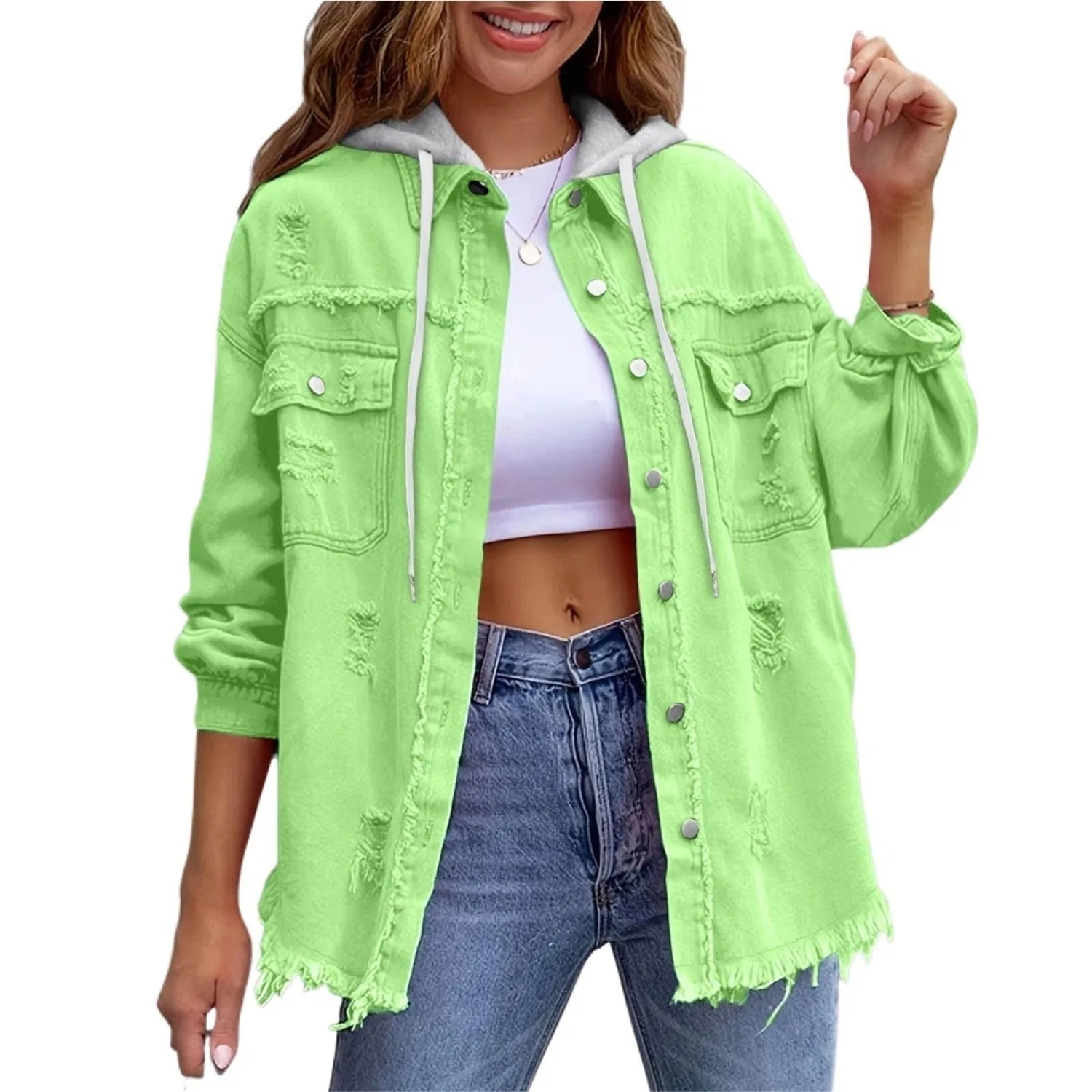 Женская джинсовая куртка с капюшоном с принтом, Light green