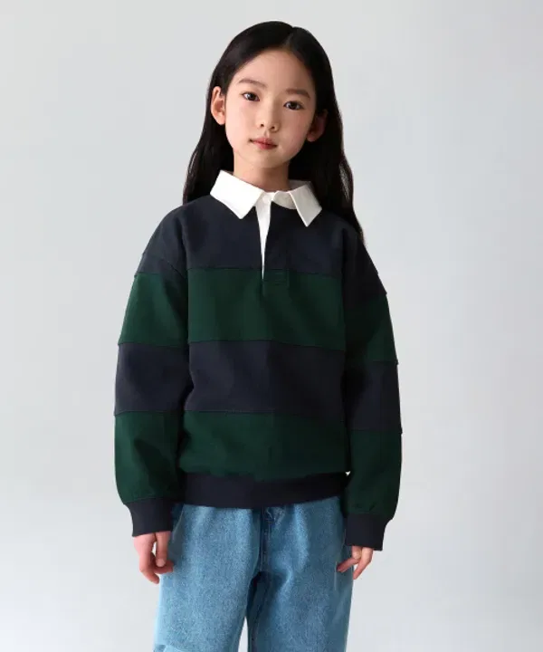 Свитшот оверсайз полосатый, регби, Musinsa Standard Kids, Navy/Deep Green