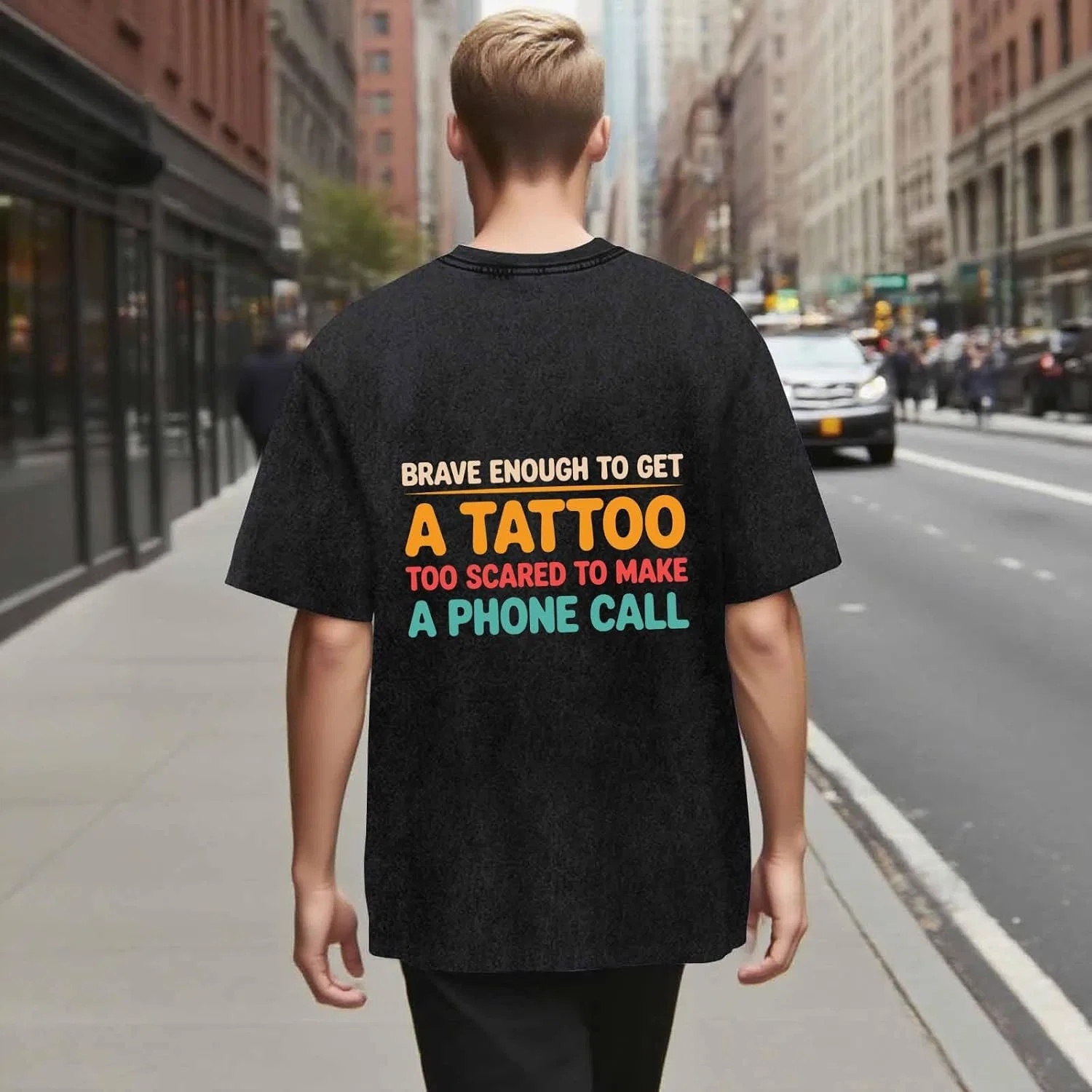 Женская футболка с принтом Brave Enough to Get A Tattooed Too Scared to Make Phone Call, Wash Black — фото 3