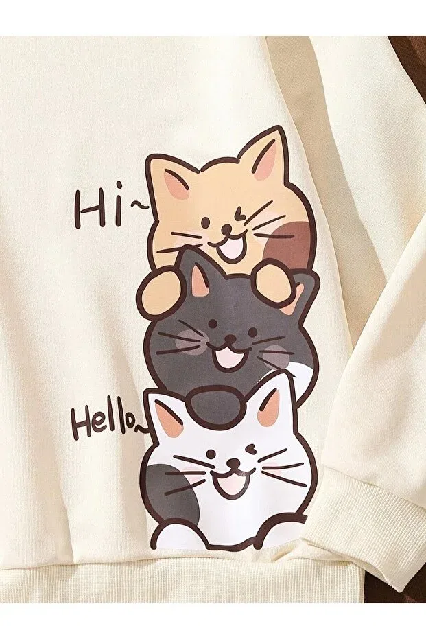 Детский спортивный комплект с принтом Hi cats printed ecru hooded special design kids Mancy, Ecru Coffee — фото 3