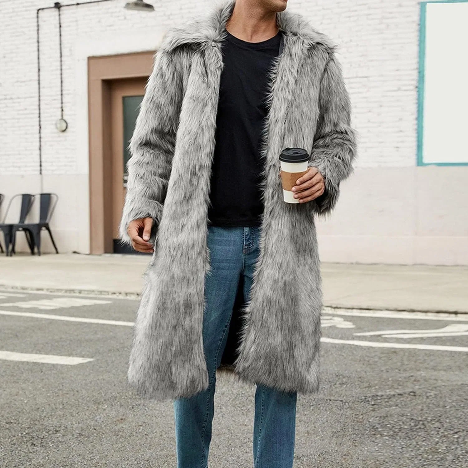 Мужское пальто из искусственного меха, длинное, Oversize, светло-серый — фото 3