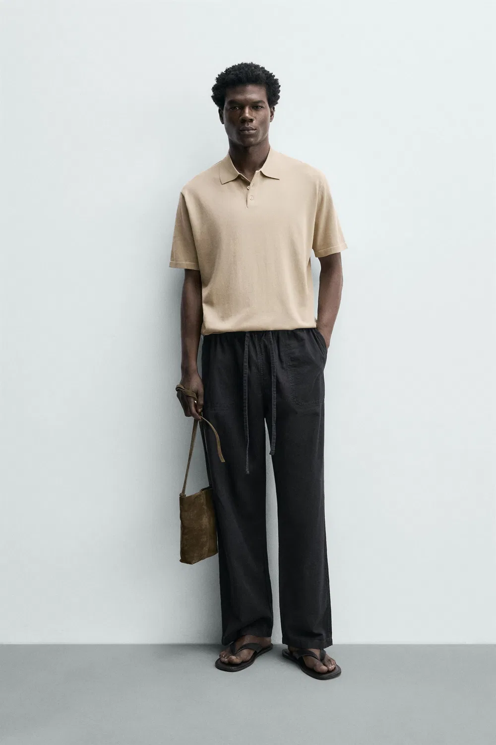 Поло из трикотажа из хлопковой смеси, стандартного кроя ZARA, Camel